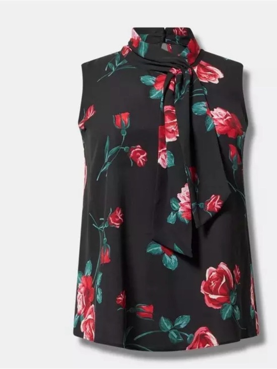 torrid Tops - torrid Black Sleeveless Floral Tie-Neck Blouse - Red & Green